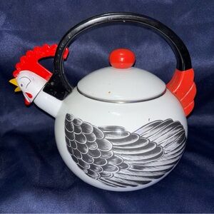 M Kamenstein Chicken Rooster Whistling Kettle Tea Pot Enamel Vtg Farmhouse